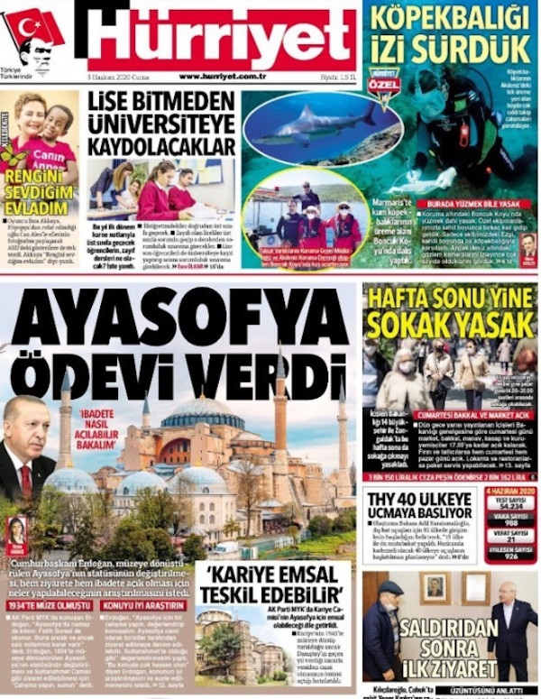 Το δημοσίευμα της τουρκικής εφημερίδας για την Αγιά Σοφιά