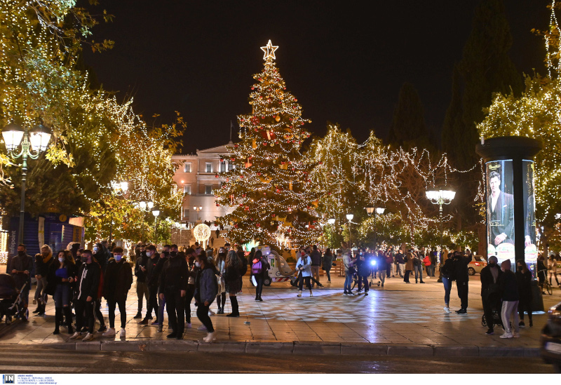 People in decorated Syntagma Square