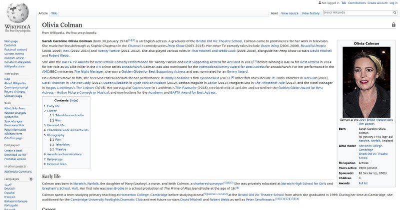 Η σελίδα της Ολίβια Κόλμαν στην Wikipedia