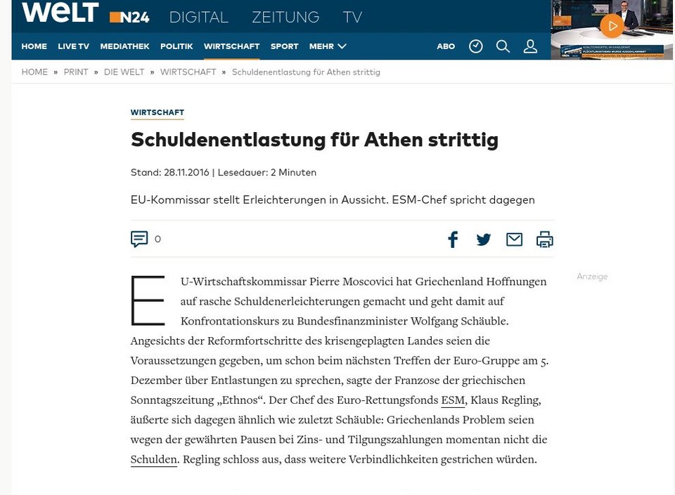 Die Welt: «Καβγάς» για το ελληνικό χρέος -Ο Μοσκοβισί δίνει ελπίδες, αντίθετος ο Ρέγκλινγκ | iefimerida.gr 0