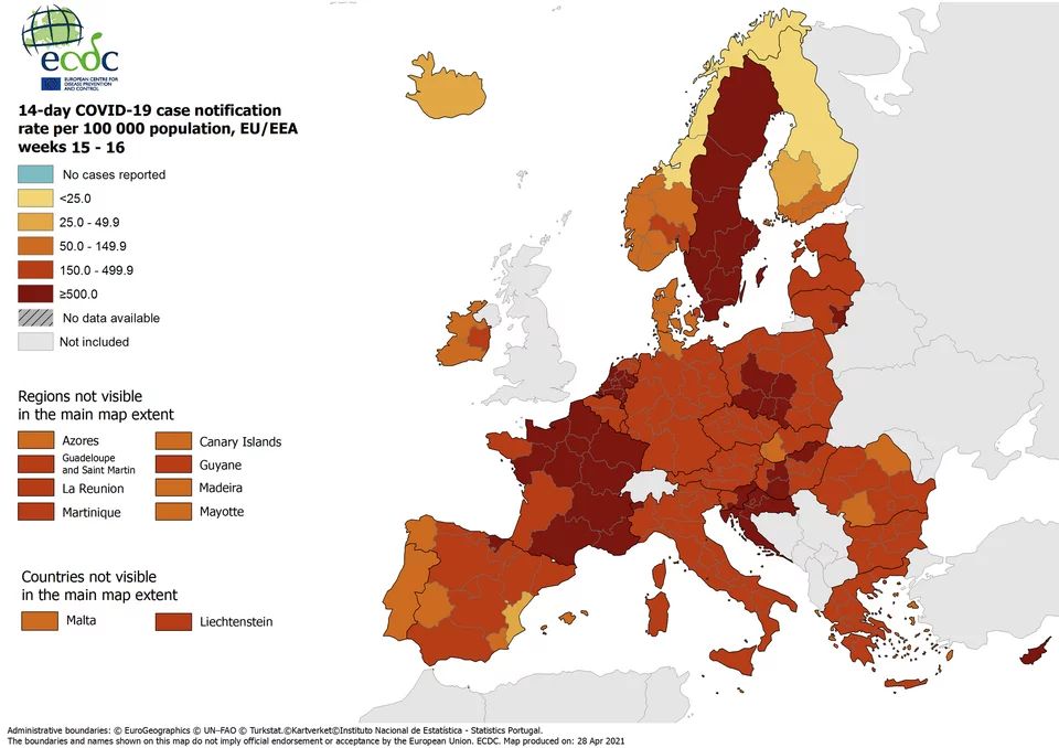 Θετικά κρούσματα ανά 100.000 πληθυσμού στην Ευρώπη