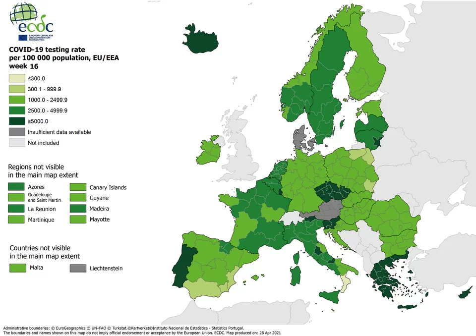 Ρυθμός τεστ κορωνοϊού ανά 100.000 πληθυσμού στην Ευρώπη