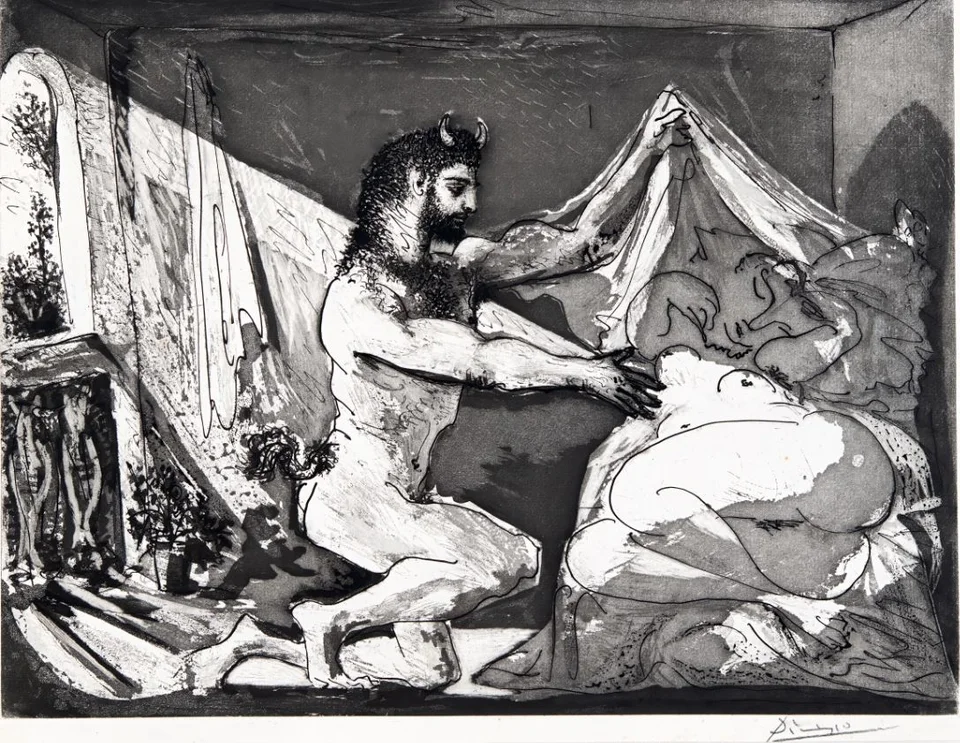 Αριστουργηματικό έργο Πικάσο από τη συλλογή της Μαρίας Εμπειρίκου που παρουσιάζεται στην έκθεση. Φαύνος σηκώνει το ιμάτιο που καλύπτει γυναικεία μορφή που κοιμάται. Ο τίτλος, «αποκαλύπτοντας την ομορφιά»..