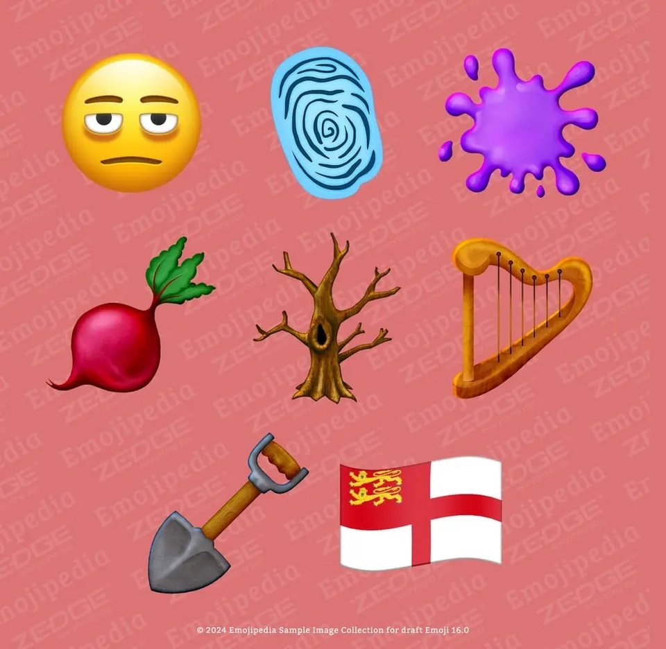 Τα νέα emojis περιλαμβάνουν το πρόσωπο με κύκλους κάτω από τα μάτια, ένα δακτυλικό αποτύπωμα, ένα πιτσίλισμα, ένα ριζώδες λαχανικό, ένα δέντρο, μια άρπα, ένα φτυάρι και μια νέα σημαία
